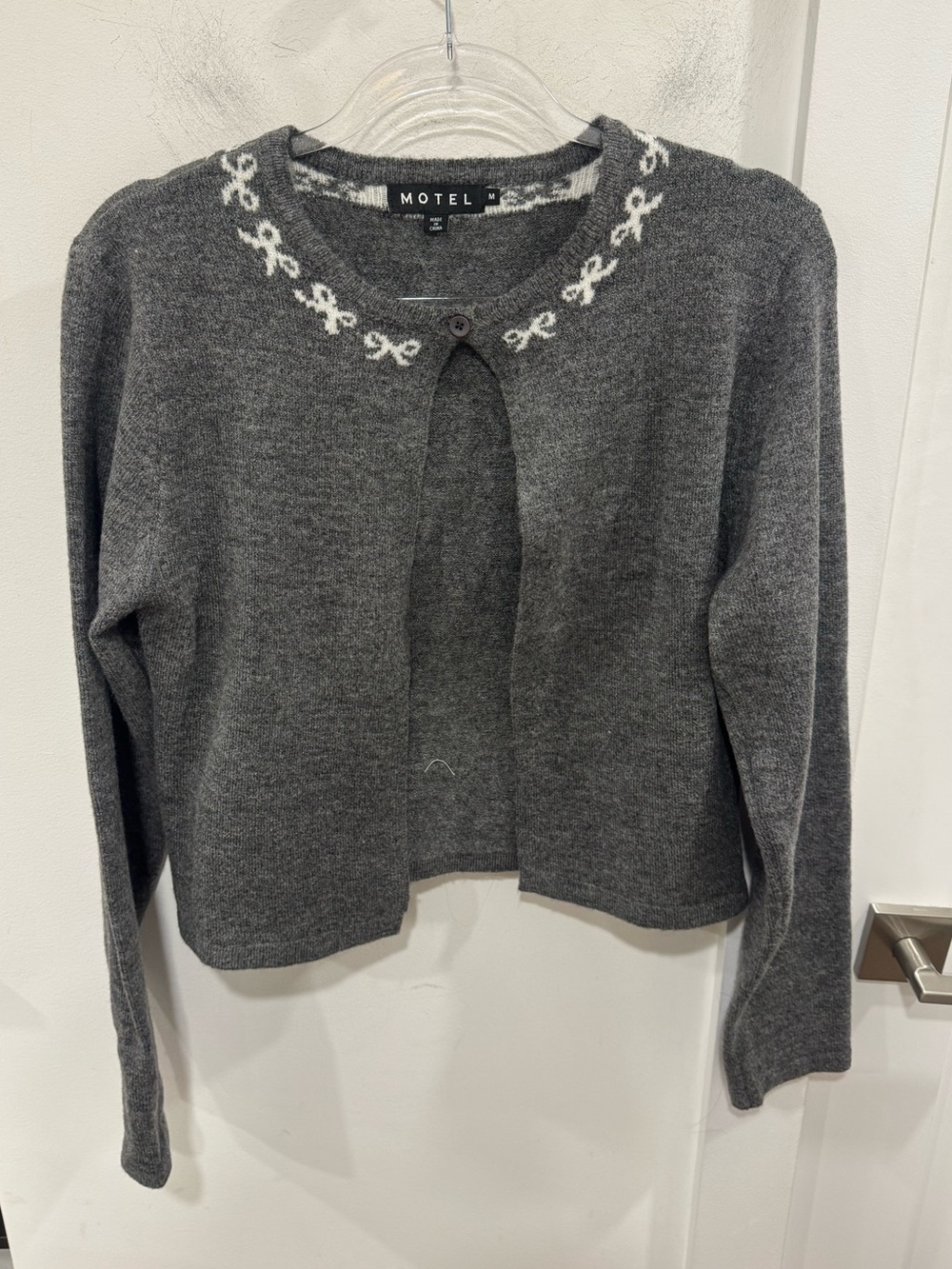 Motel Dark Gray Knit Cardigan with White Bow Embroidery